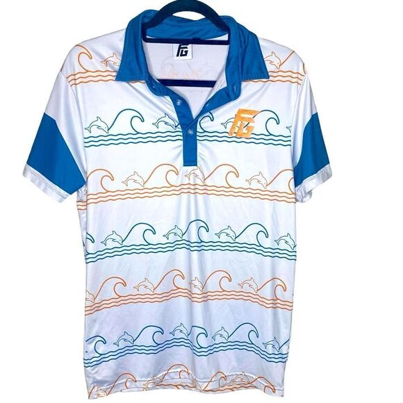 Flyte Golf Sz Sm White Dolphin Waves Sweat Resistance Wicking Dri Fit Golf Polo - Picture 1 of 4